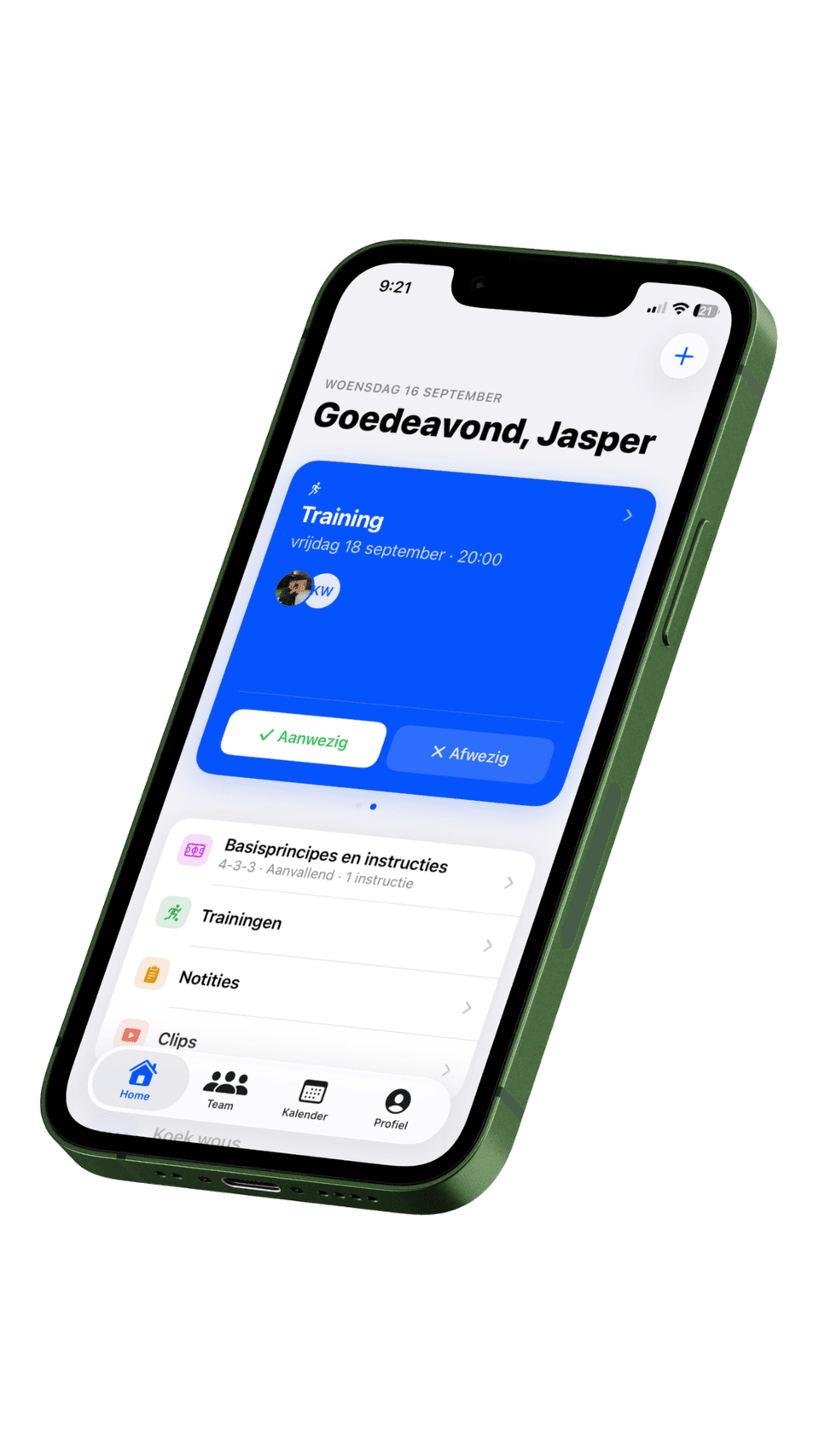 De Team OS-app op een iPhone, met de eerstvolgende training en de knoppen om je aan- of af te melden.